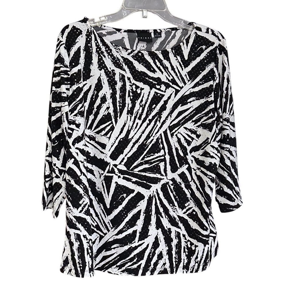 Tribal Womens XL Black White Abstract Sequin 3/4 Sleeve Boat Neck Top Maximalism